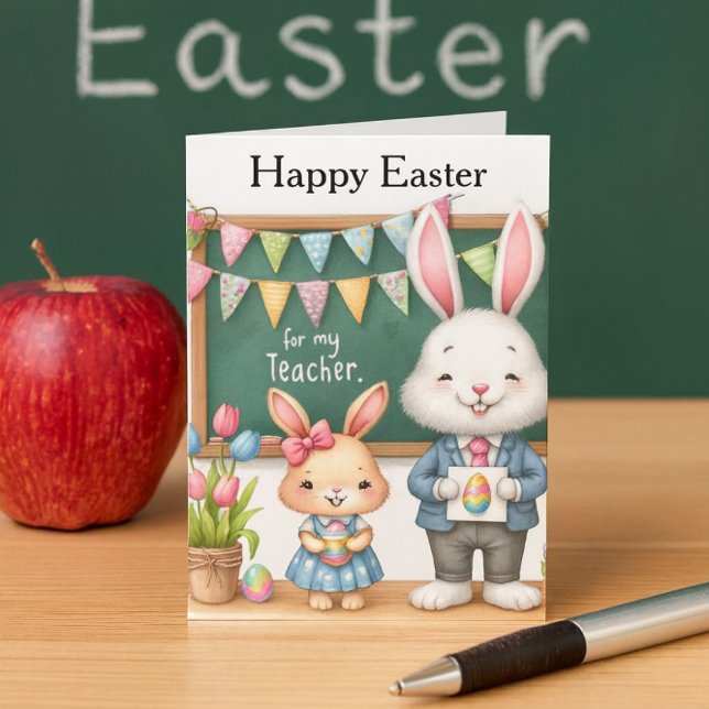 Easter Greetings for Teacher From Kids  Holiday Card (Sweet Easter card for teacher with bunnies, chalkboard, tulips, and festive classroom charm.)