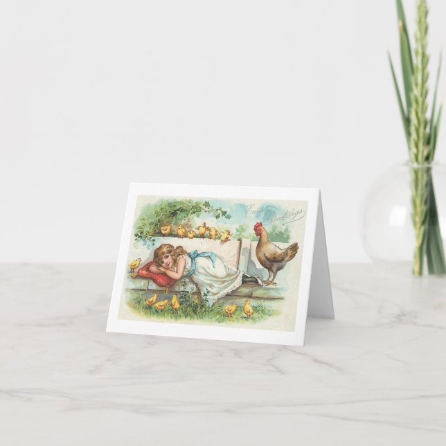 Easter Greetings Hen Chicks & Girl Vintage Holiday Card (Front)