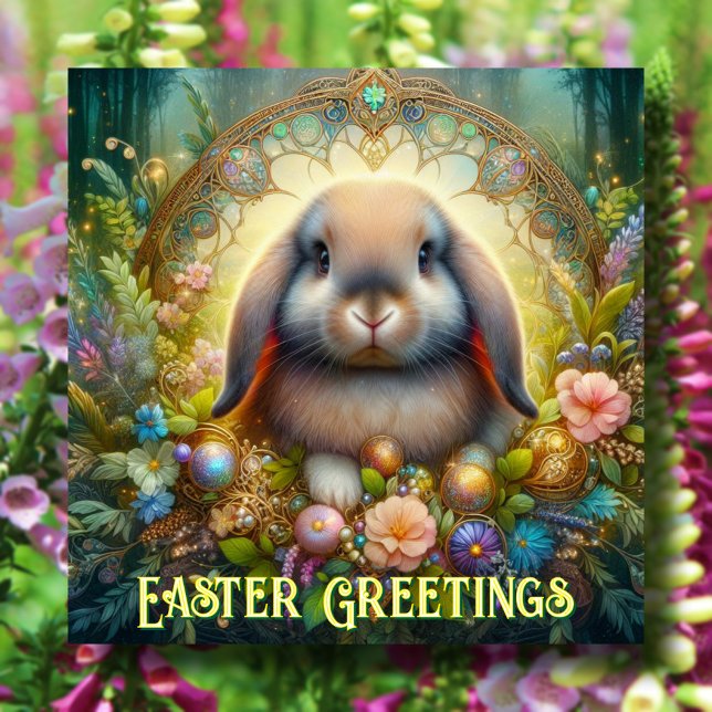 Easter Greetings Lop Eared Bunny Flowers Holiday Card (Creator Uploaded)