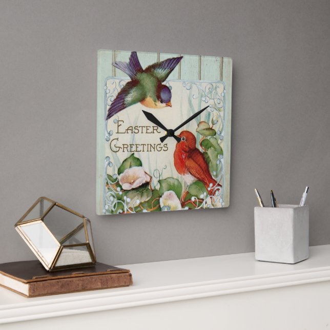 Easter Greetings Vintage Retro Songbirds Square Wall Clock (Office)