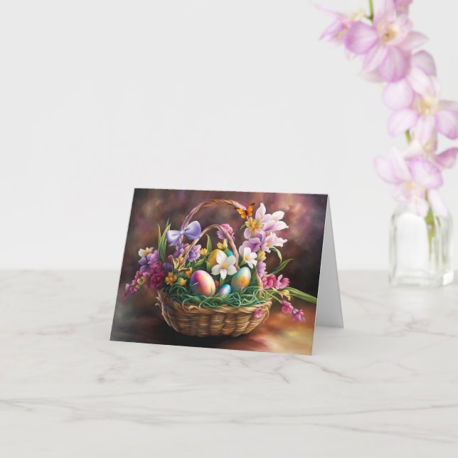 Easter Greetings with Basket Flowers Eggs  Card (Orchid)