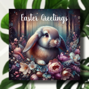 Easter Greetings Woodlands Lop Eared Bunny Flowers Holiday Card