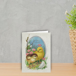 Easter Greetings Yellow Chicks Flowers Holiday Card