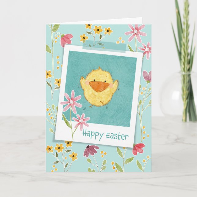 Easter Happy Chick and Flowers Card (Front)