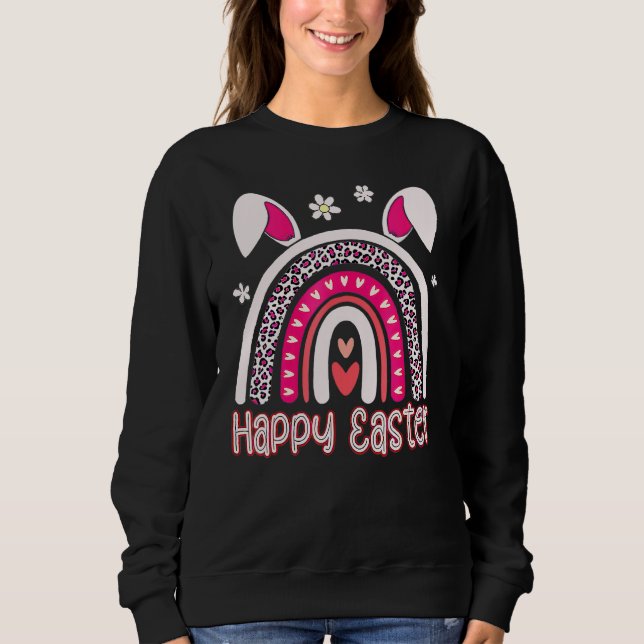 Easter Happy Easter Leopard Rainbow Bunny Ears Egg Sweatshirt (Front)