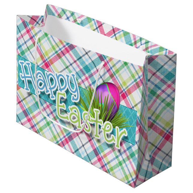 Easter - "Happy Easter" Word Art on Stripes Large Gift Bag (Front Angled)
