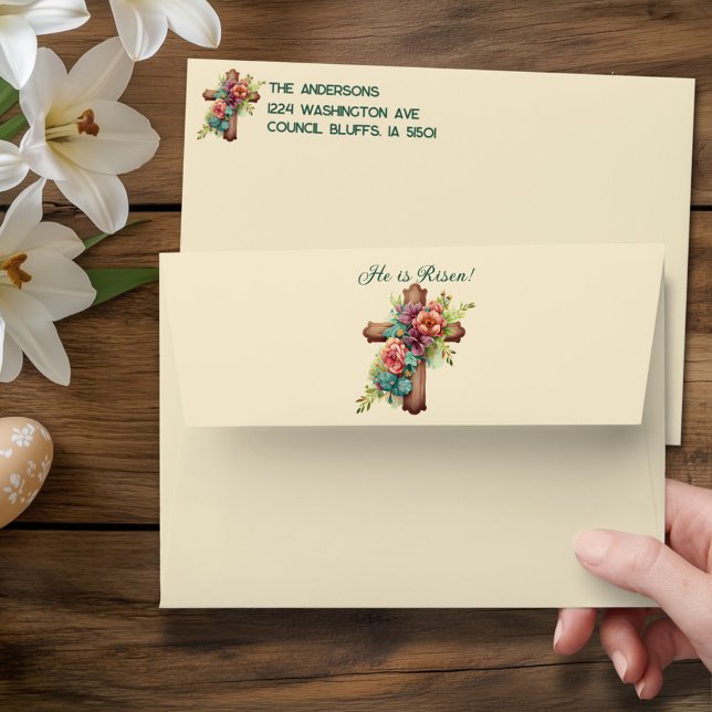 Easter “He is Risen” Cross Custom Return address Envelope (Creator Uploaded)