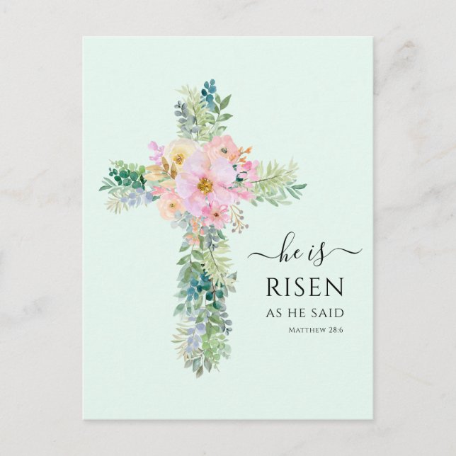 Easter He is Risen Greenery Watercolor Cross Postcard (Front)
