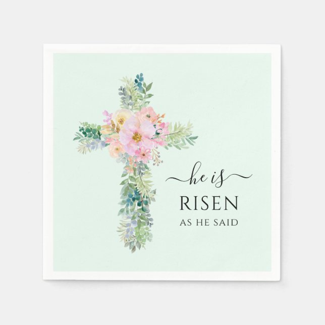 Easter He is Risen Mint Green Watercolor Cross Napkin (Front)