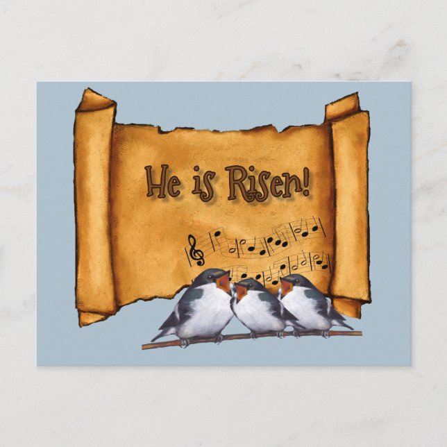 Easter: He Is Risen! Old Scroll, Singing Birds Art Holiday Postcard (Front)