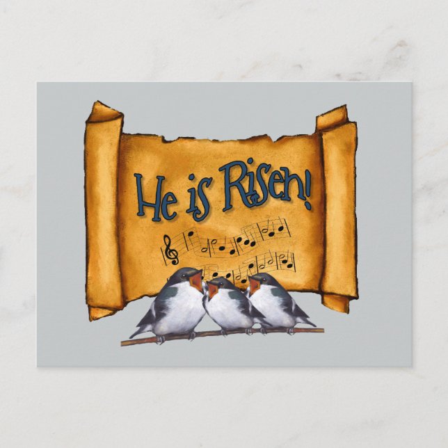 Easter: He Is Risen! Old Scroll, Singing Birds Art Holiday Postcard (Front)