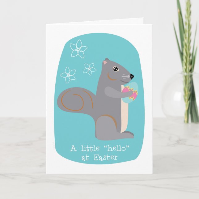 Easter Hello Cute Grey Squirrel with Egg Holiday Card (Front)