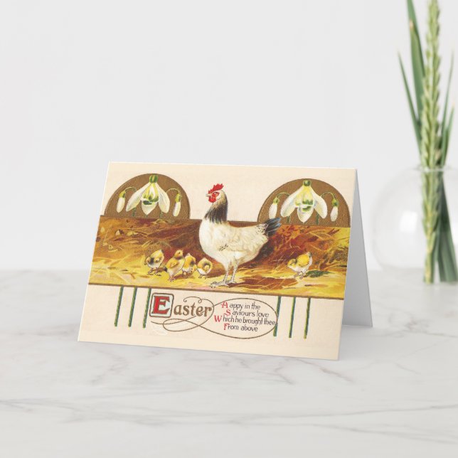 Easter Hen, Chicks and Snowdrops Holiday Card (Front)