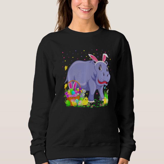 Easter Hippo Bunny Egg Hunting Hippopotamus Easter Sweatshirt (Front)