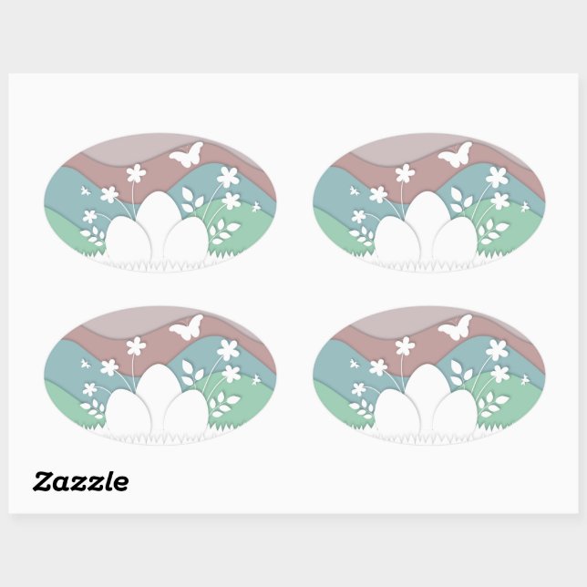 Easter holidays egg hunt papercut design oval sticker (Sheet)