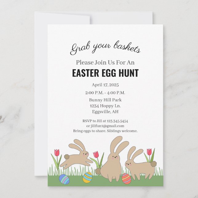 Easter Invitation with fun bunnies Egg Hunt (Front)