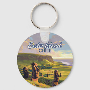 Easter Island Chile Moai Rapa Nui Polynesia Retro Key Ring
