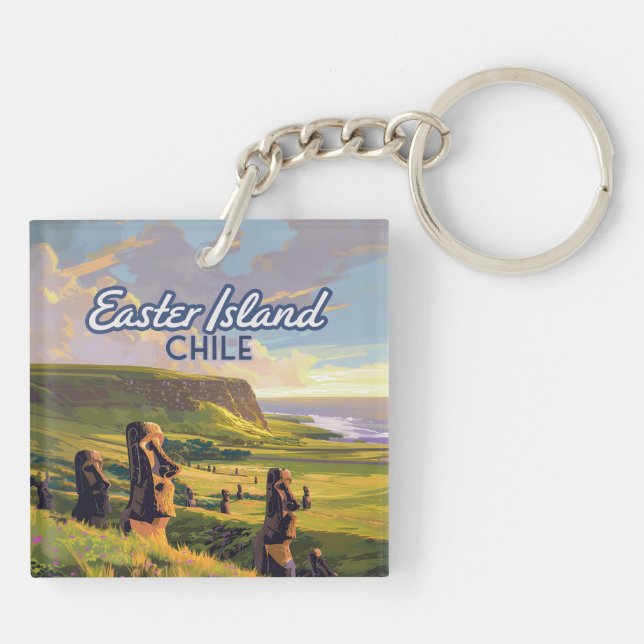 Easter Island Chile Moai Rapa Nui Polynesia Retro Key Ring (Back)