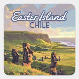 Easter Island Chile Moai Rapa Nui Polynesia Retro Square Sticker