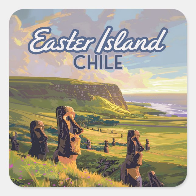 Easter Island Chile Moai Rapa Nui Polynesia Retro Square Sticker (Front)