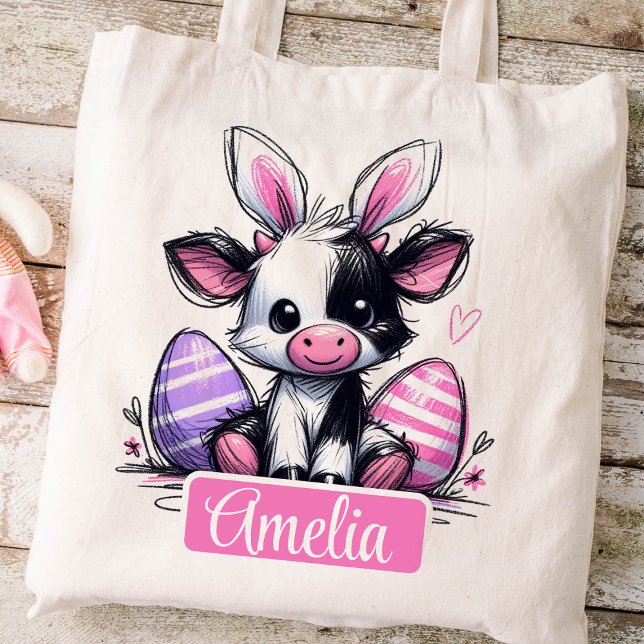 Easter Kids Name Girls Bunny Cow Tote Bag (Cow Easter Hunt Tote Bag)