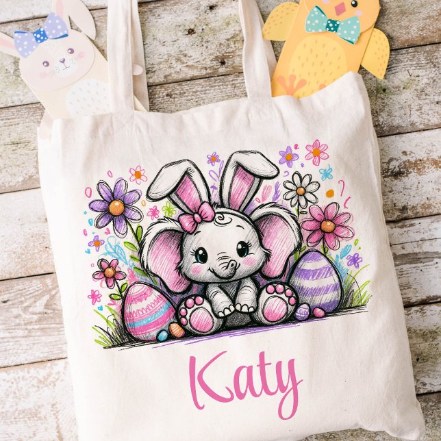 Easter Kids Name Girls Bunny Elephant Tote Bag (Elephant Girls Easter Tote)