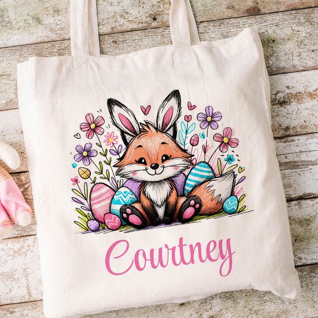 Easter Kids Name Girls Bunny Fox Tote Bag (Fox Girls Easter Tote)