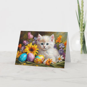 Easter Kitten with Flowers and Painted Eggs  Holiday Card