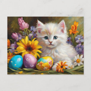 Easter Kitten with Flowers and Painted Eggs Holiday Postcard