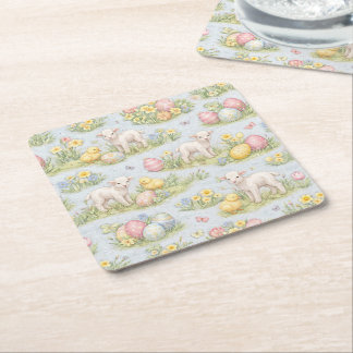 Easter Lamb And Chick Watercolor Floral Spring Square Paper Coaster