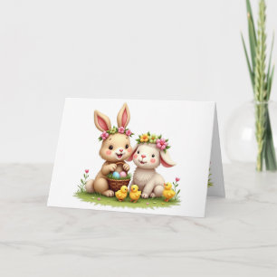 Easter Lamb & Bunny Chicks & Spring Flowers Cute Holiday Card