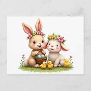 Easter Lamb & Bunny   Spring Flowers & Chicks Cute Holiday Postcard