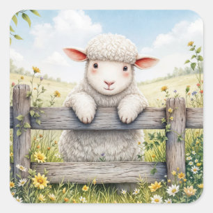 Easter Lamb On Farm Fence Square Sticker