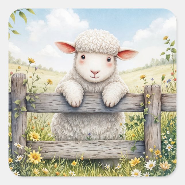 Easter Lamb On Farm Fence Square Sticker (Front)