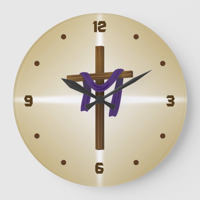 Easter Lent Cross Purple Drape Resurrection Day Large Clock (Front)