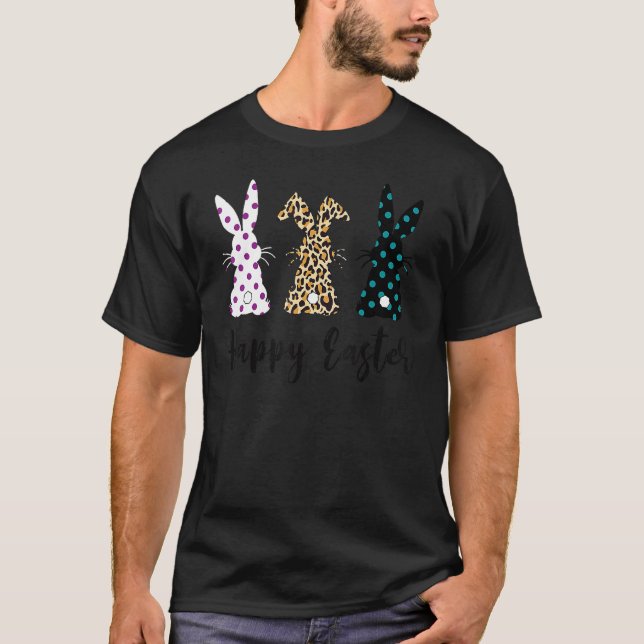 Easter Leopard Three Bunny Rabbit Happy Easter Day T-Shirt (Front)