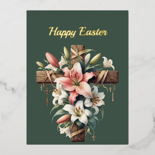 Easter Lily Cross Illustration Foil Holiday Postcard