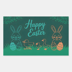 Easter Line Illustration with Bunnies and Chicks Rectangular Sticker