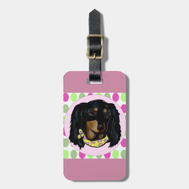 Easter Long Haired Black Dachshund Luggage Tag (Front Vertical)