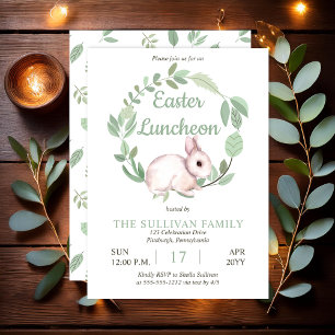 Easter Luncheon Bunny Rabbit Sage Floral Wreath  Invitation