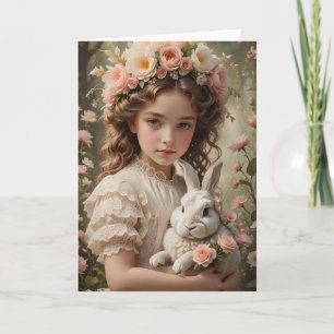 Easter Magic - Girl with Flower Crown and Bunny Card