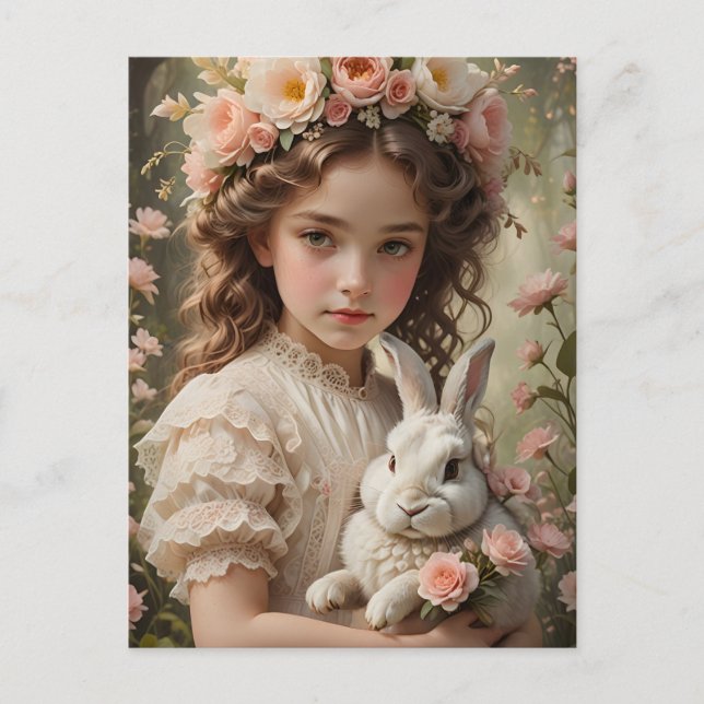 Easter Magic - Girl with Flower Crown and Bunny Holiday Postcard (Front)