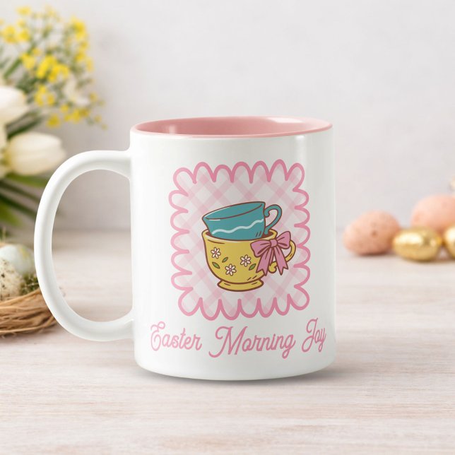 Easter Morning Joy Teacups Cute Gingham  Two-Tone Coffee Mug (Creator Uploaded)