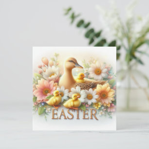 Easter Mother Duck with Ducklings and Spring Flowe