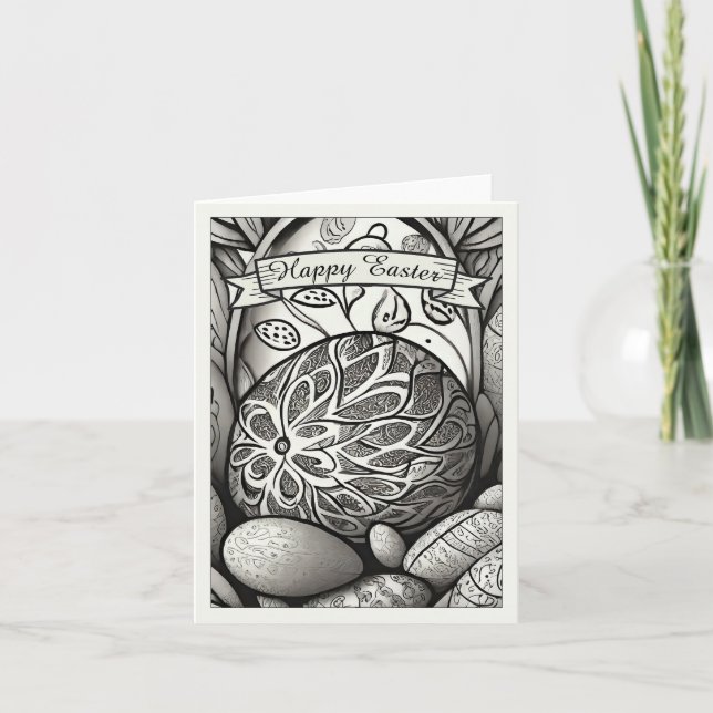 Easter motif b/w cartoon with Easter eggs 97330 Card (Front)