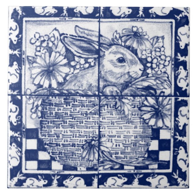 Easter Navy Blue White Bunny Rabbit Dedham Delft Ceramic Tile (Front)