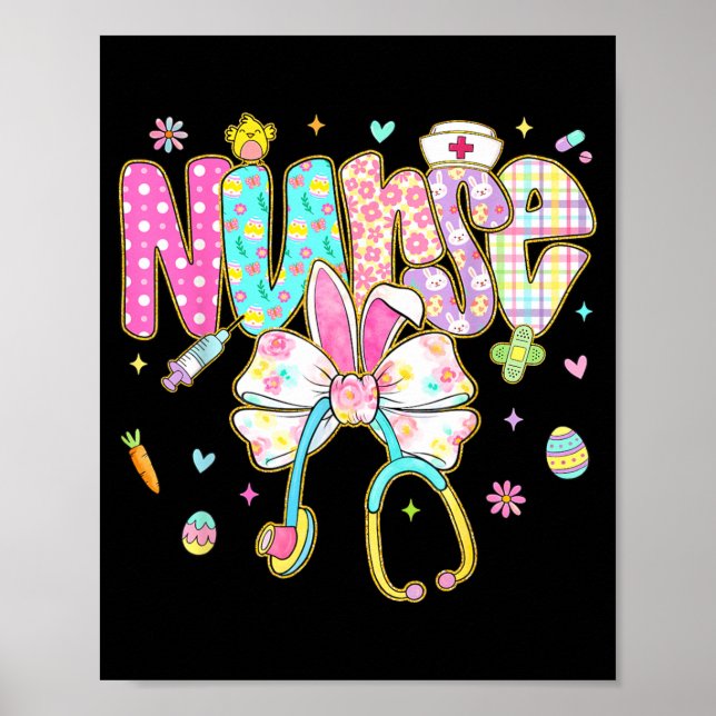 Easter Nurse Coquette Bow Stethoscope Bunny Scrub Poster (Front)
