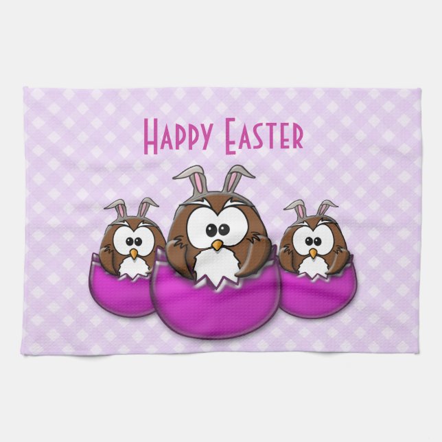 Easter owl - pink tea towel (Horizontal)
