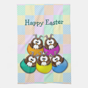 Easter owl - rainbow tea towel