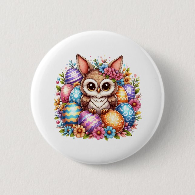 Easter owl with bunny ears  6 cm round badge (Front)